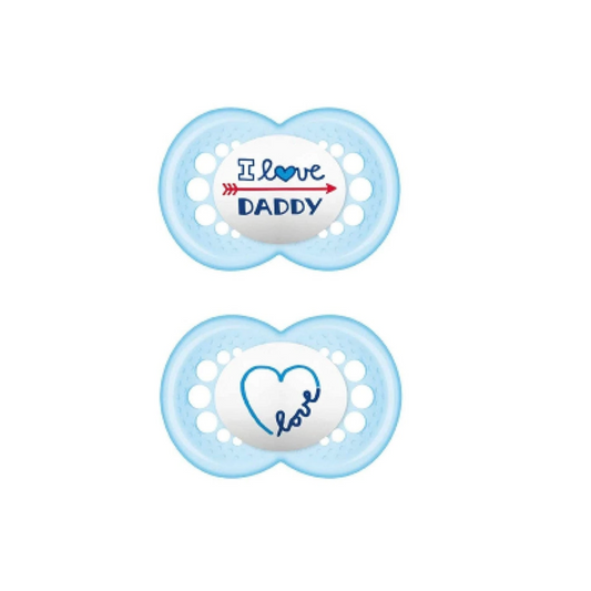 CHUPETE SILICONA 0-6 MESES ORIGINAL MUM MODELO I LOVE DADDY FLECHA AZUL 2 UDS.